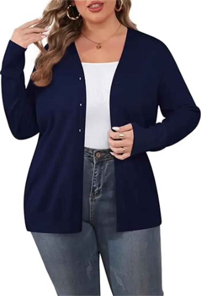 Cardigan en élasthanne et coton solide, ample, décontracté pour femmes, grandes tailles, idéal pour hiver et transitions saisonnières ``` 此HTML页面按照指示创建了一个关于女性大号长袖开襟衫的描述,旨在通过详细描述和特性来激发购买欲望。