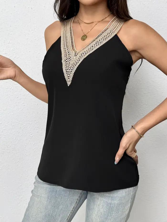 Débardeur Femme Chic en Satin à Col V et Bretelles Fines avec Bordure Crochetée – Style Bohème Léger pour Printemps-Été