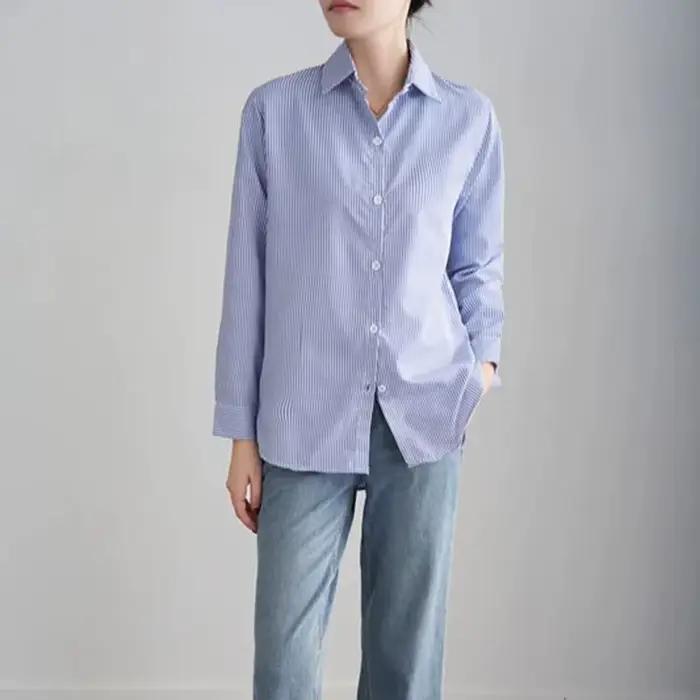 Chemise ample à rayures bleues pour femmes, décontractée, col polo, polyester, pour bureau et tenues casual, toutes saisons
