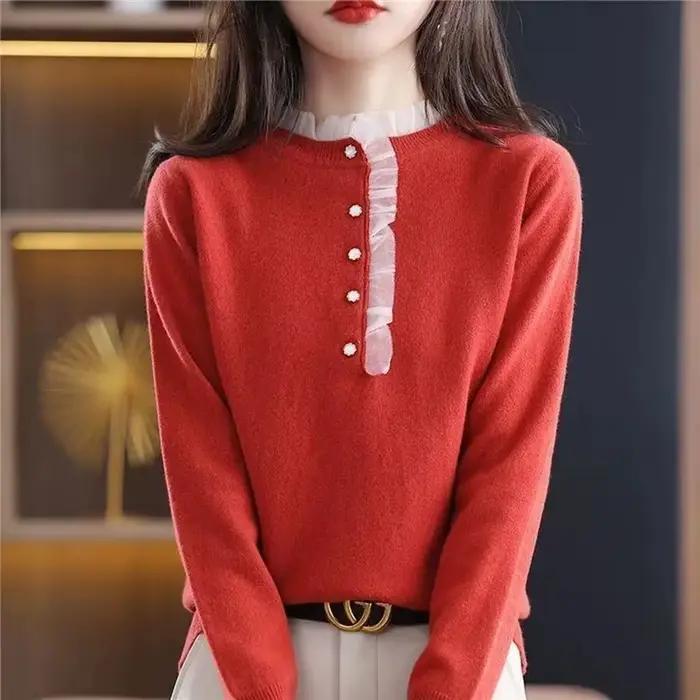 Pull en dentelle ample et décontracté pour femmes, automne-hiver, acrylique et coton, coupe ample, manches longues, bleu ciel, gris foncé, ivoire, vert armée, noir, vert