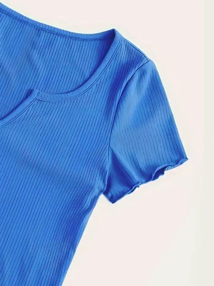 T-shirt court à manches courtes et col cranté pour femme