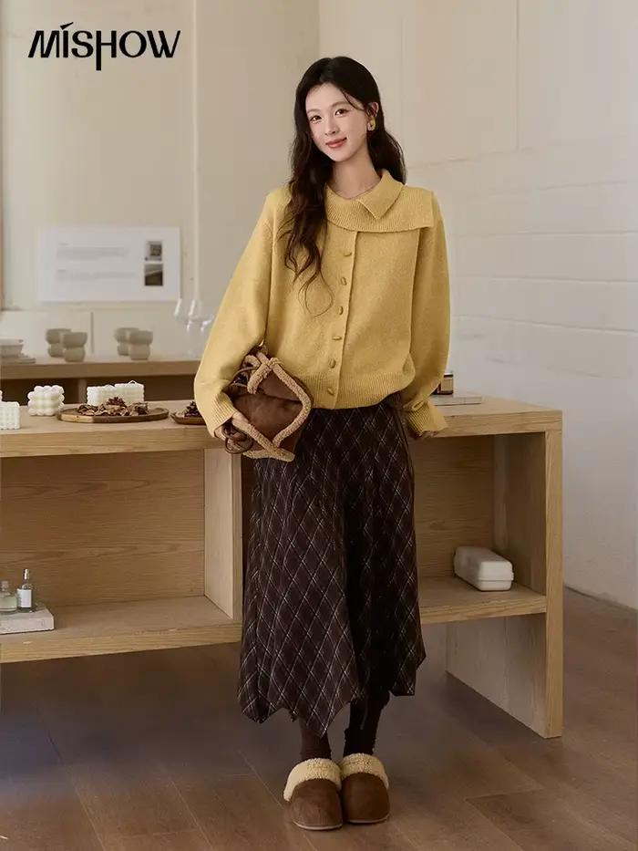MISHOW Cardigan en tricot jaune moutarde pour femme