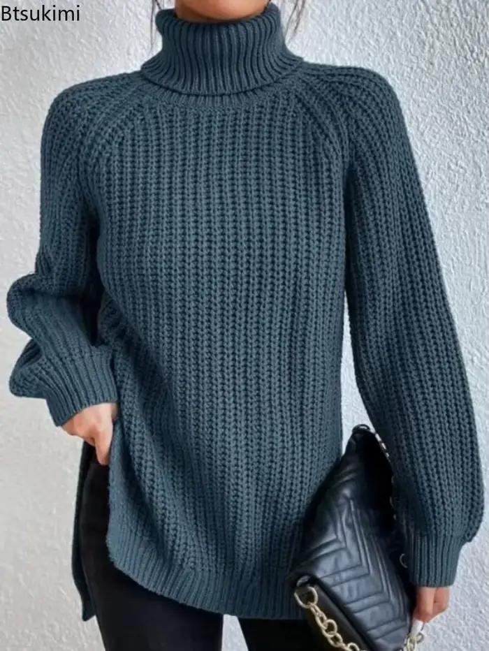 Nouveau Pull Col Roulé Raglan à Manches Longues et Ourlet Fendu Latéral pour Femme