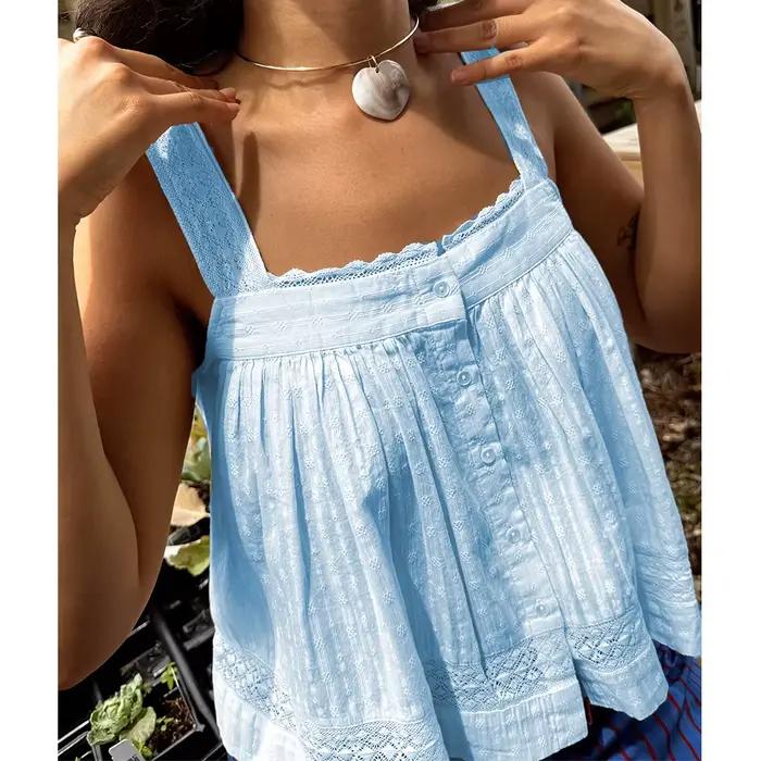 Femmes Kawaii Cottage dentelle à volants garniture débardeur Fairycore Sexy bouton avant col carré sans manches sortie Camis Boho gilet