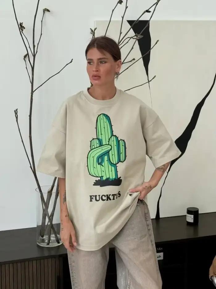 Hirsionsan Cactus graphique imprimé t-shirt femmes été coton doux à manches courtes