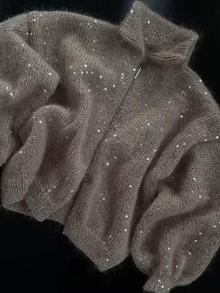 Paillettes tricot femmes pull élégant col montant Y2k manches longues chandails dame 2025 nouveau automne hiver femme veste tricots