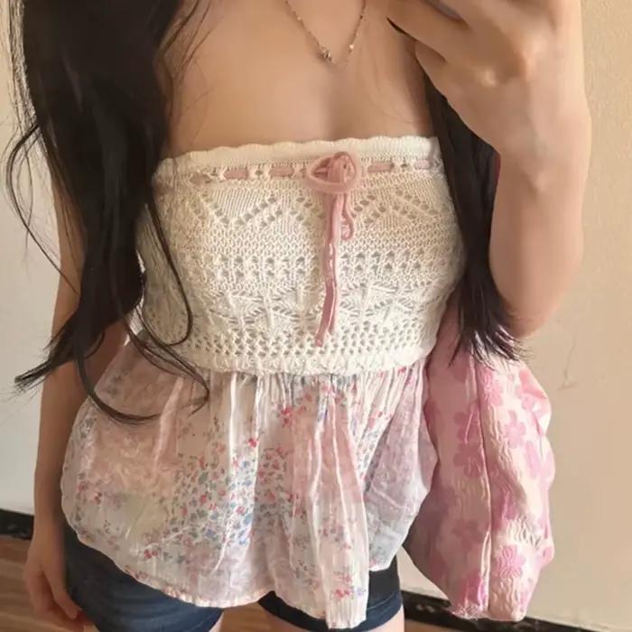 Été nouveau Sexy épice français élégant haut pour femme dentelle Patchwork licou gilet jupe florale conception évidé hauts sans bretelles