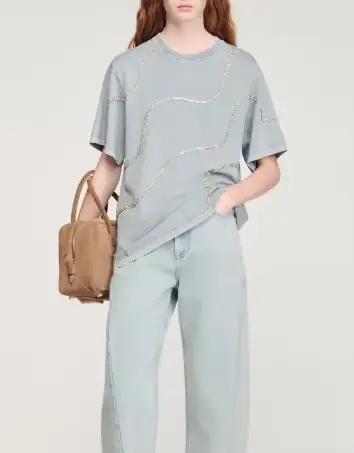 T-shirt décontracté gris à manches courtes pour femme avec strass