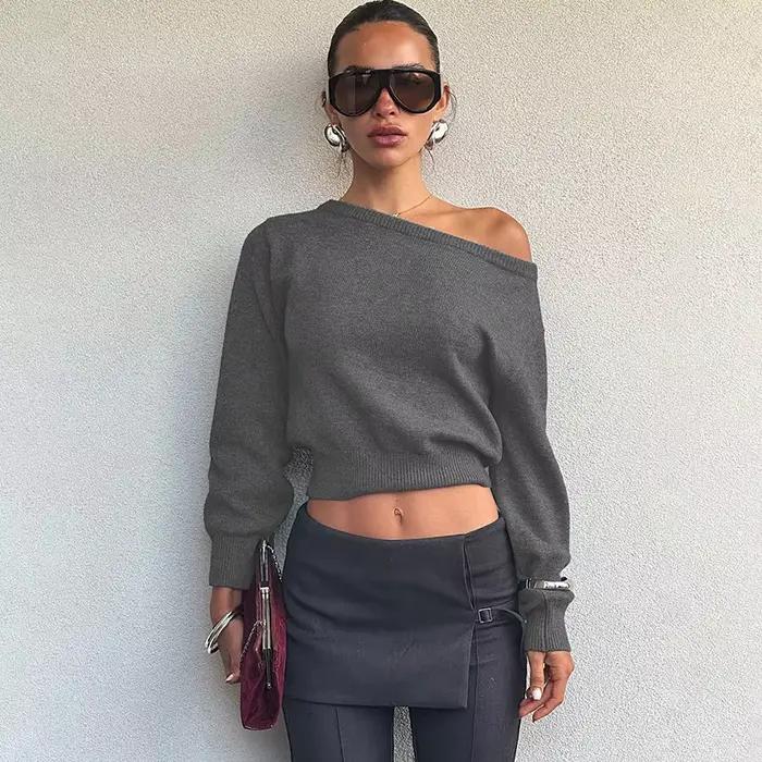 Pull tricoté asymétrique épaule dénudée pour femme