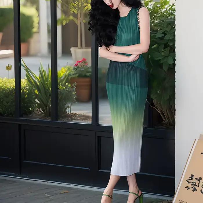 LANMREM vert dégradé plissé robe d'été pour les femmes de haute qualité français Chic sans manches mi-longue robes droites 2DB3847