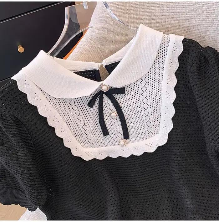 Été français à manches courtes pull femmes tricot doux arc col claudine