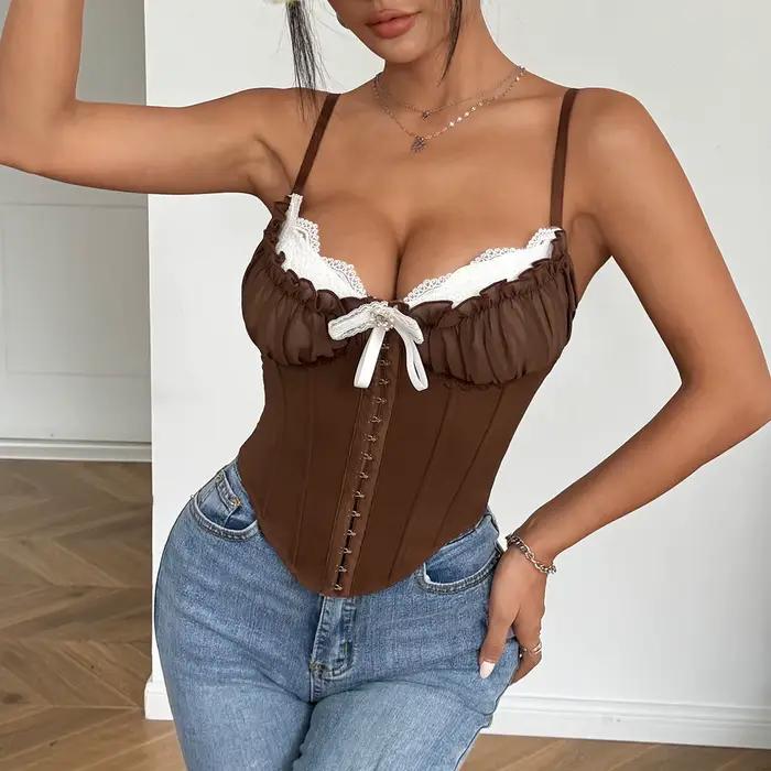 Sexy col en V Y2K haut court dentelle Patchwork plissé nœud papillon