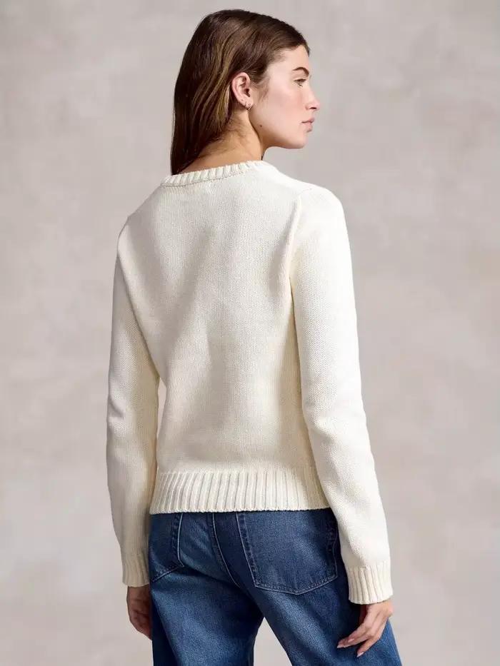 Pull classique à manches longues et col rond en tricot blanc et bleu marine avec drapeau américain pour femme