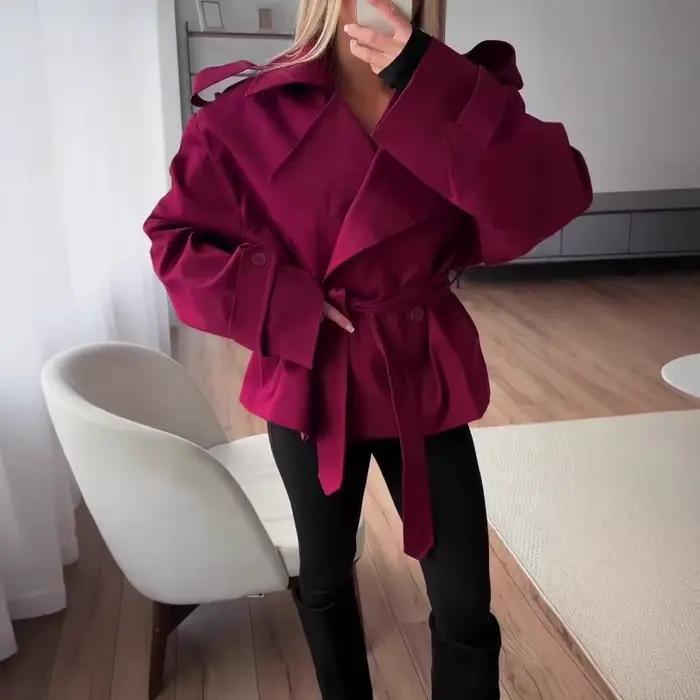F nouvelle mode à lacets recadrée Trench Coat femmes revers manches longues large épaule coupe-vent veste automne déplacements quotidiens vestes