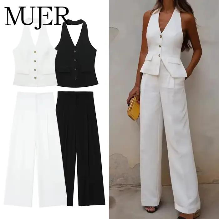 MUJER pantalons ensembles pour femmes 2 pièces épaules dénudées gilet sans manches femme tenue mode pantalon à jambes