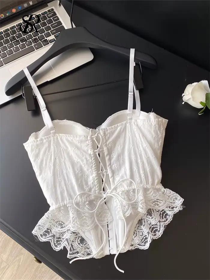 SINGREINY broderie Lingerie haut Corset dames sangle à lacets Shapwear glamour Camisole français dentelle volants Hotsweet débardeur