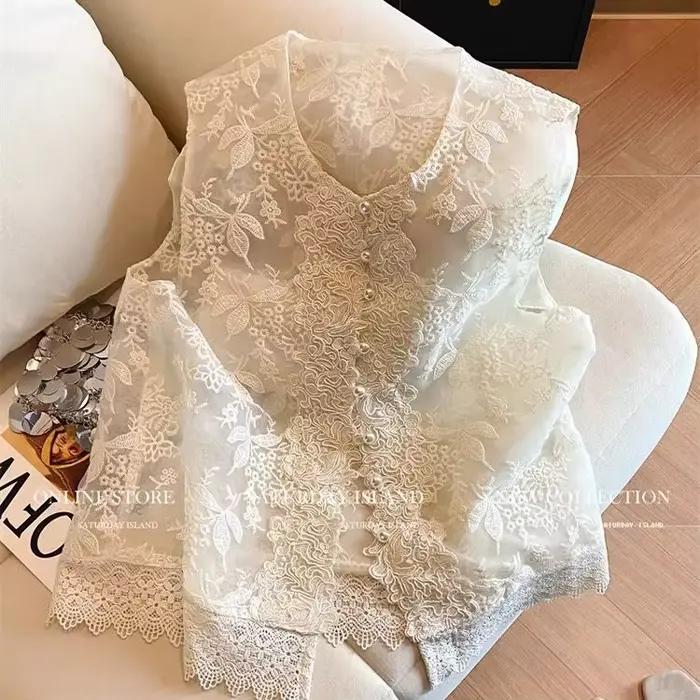 Xgoth été nouveau Style chinois imprimé gilet femmes vêtements broderie dentelle manteau court rétro mince couches sans