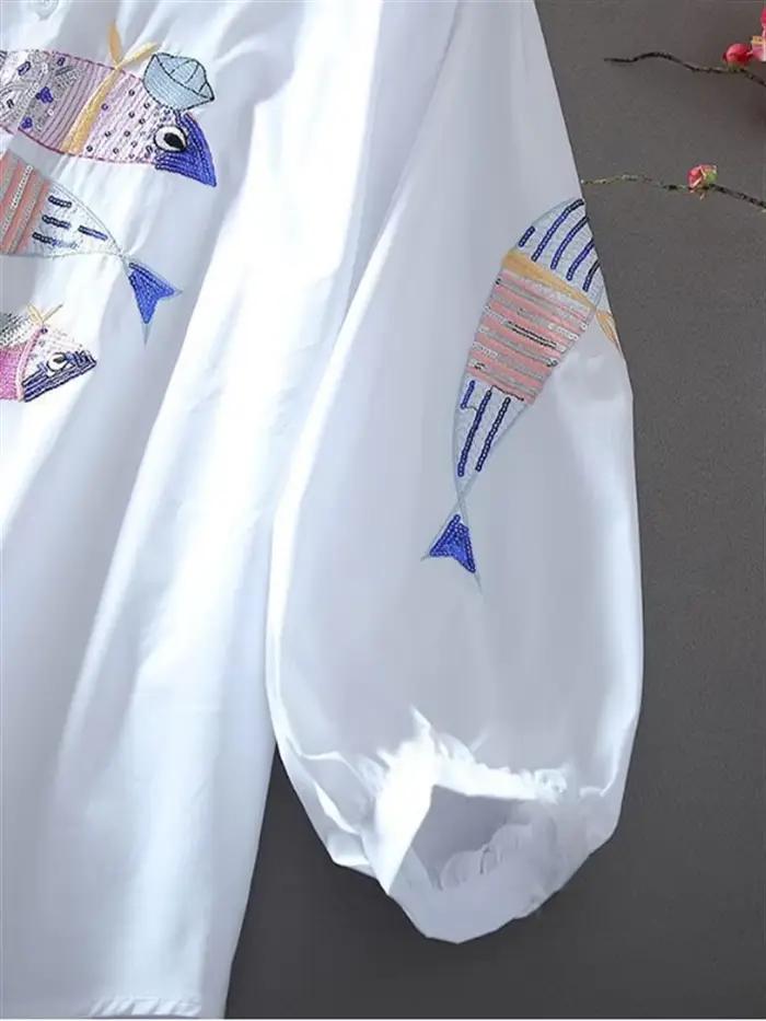 Chemise Brodée Blanche à Manches 3/4 pour Femme