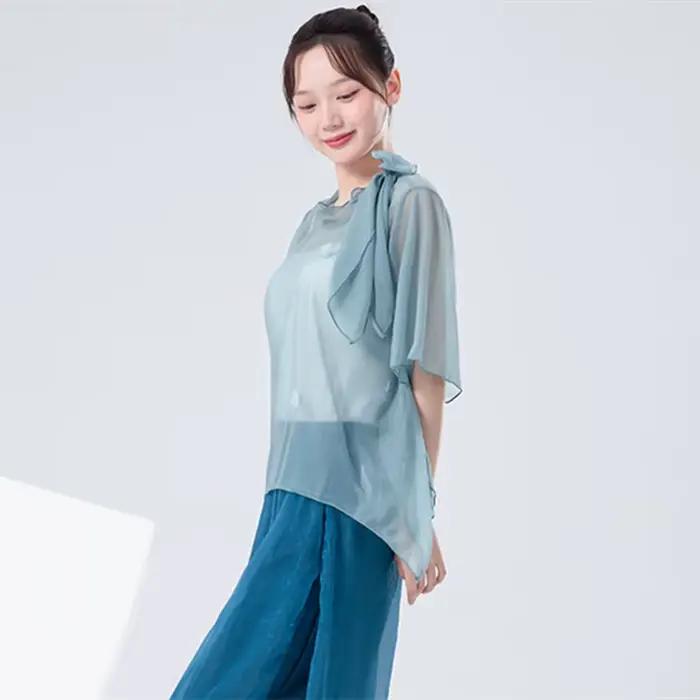 Haut de danse classique pour femmes élégant col noué manches courtes chemise transparente décor floral occassions spéciales danse yoga gym spectacle carnaval nouvelle année