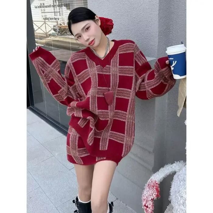 Ensemble pull à carreaux haut de gamme pour femmes