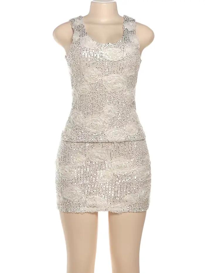 Kliou brillant paillettes 2 pièces ensemble femme 3d fleur Applique débardeurs + maigre Mini jupes filles chaudes rue Sexy mode classique costumes
