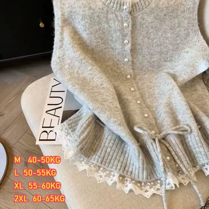 Pull gilet manteaux femmes Patchwork dentelle ourlet inférieur à lacets tricots Cardigan perle boucle ample sans manches col rond gilets