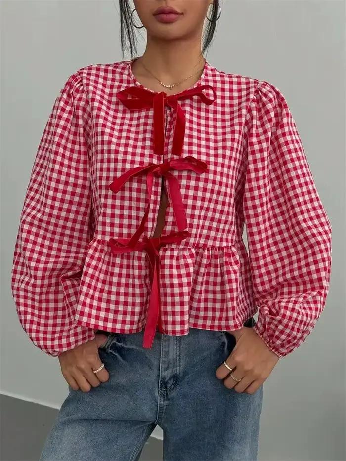 Chemisier lanterne à carreaux polyester et élasthanne pour filles junior style doux col rond printemps automne mousseline ajustement lâche