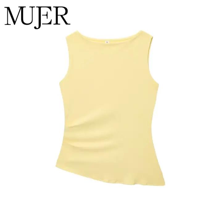 MUJER jaune froncé haut femme asymétrique débardeurs hauts pour femmes 2025 été