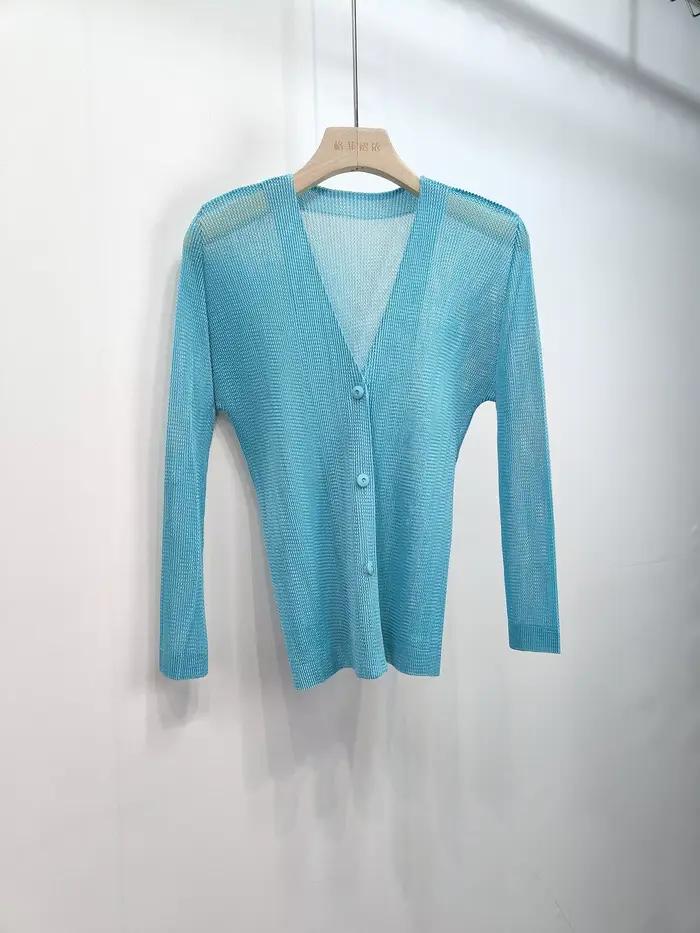 Miyake veste à simple boutonnage 2025 printemps nouveau tempérament maille à manches longues Cardigan col en v ample décontracté polyvalent vêtements de soleil