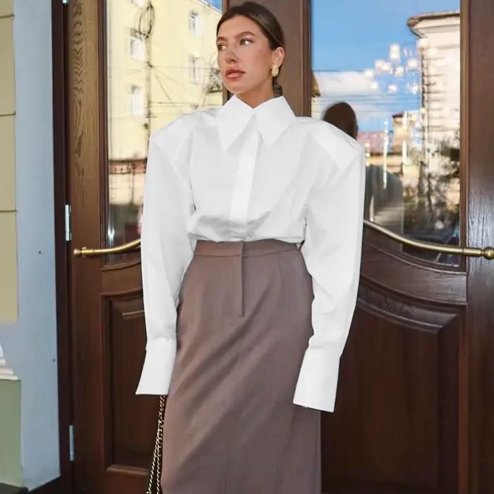 Chemisier à manches bouffantes pour femme, élégant, automne, style bureau, boutonnage simple, chic urbain, col rabattu, polyester et coton, occasion décontractée, pour femmes juniors