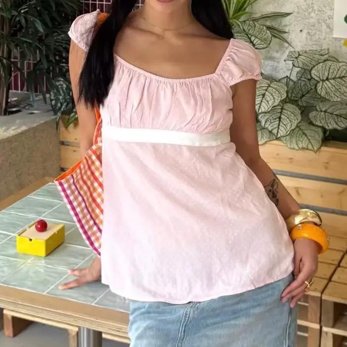 Femmes les plus mignonnes nuisette culture hauts adolescente col carré à manches courtes milkmaid t-shirts Preppy Vintage Y2K esthétique cravate T-shirt