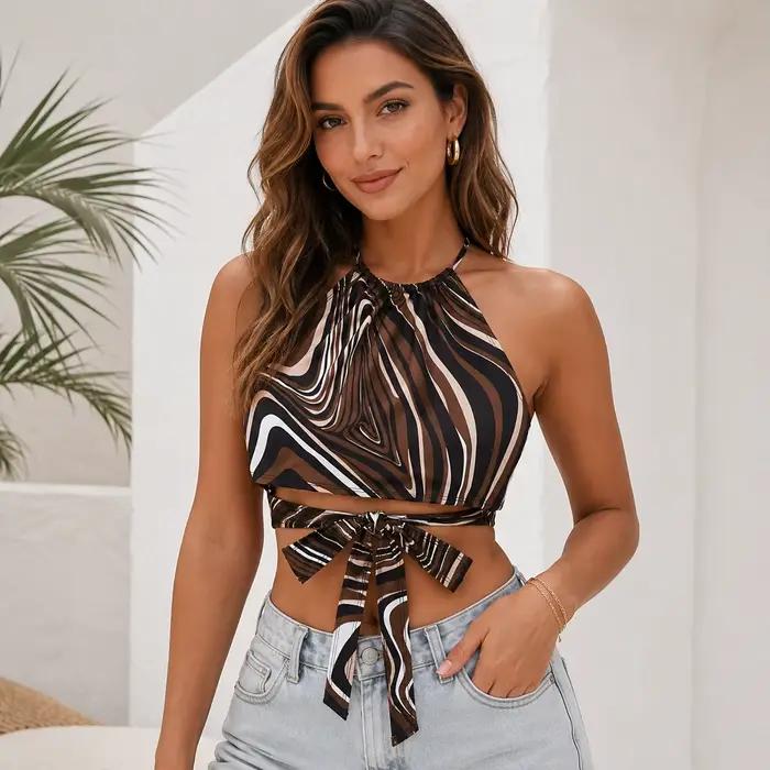 Haut court dos nu polyester motif vague uni pour femme style Y2K sexy froncé à la taille idéal été occasions spéciales