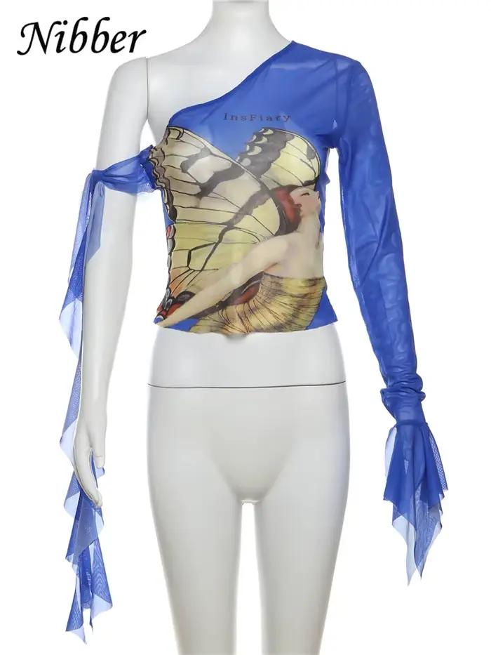 Nibber maille haut pour femme papillon imprimé mode incliné épaule rubans transparent mince Fitness T-shirts