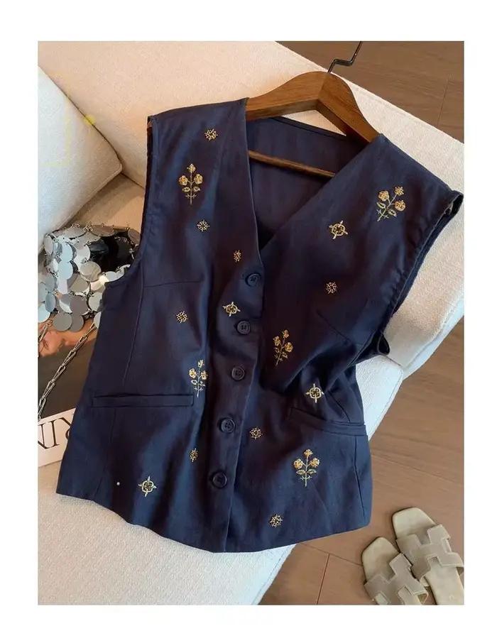 Débardeur Femme Sans Manches Col V Ample Été Tendance Coton Lin Uni Boutonnage Simple Broderie Vintage Camisole