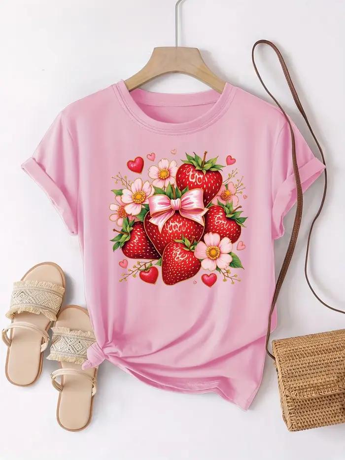 Mode d'été femmes T-Shirt fraise fleur motif imprimé
