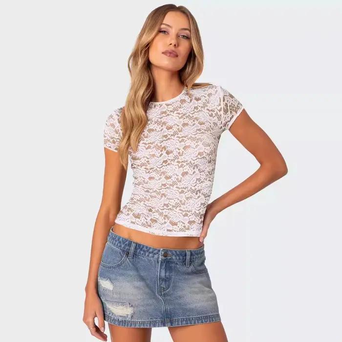 Haut court transparent en dentelle à manches courtes pour femme 2026 – T-shirt sexy à col rond