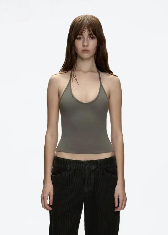 Débardeur avec sangle de cou gris argile, haut court de style basique