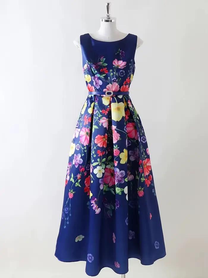 Robe longue sans manches bleu marine à imprimé floral pour femme élégante coupe trapèze avec ceinture pour fêtes et mariages
