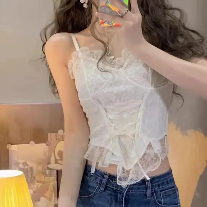 Débardeur sans bretelles en dentelle Sexy de Style français avec rembourrage