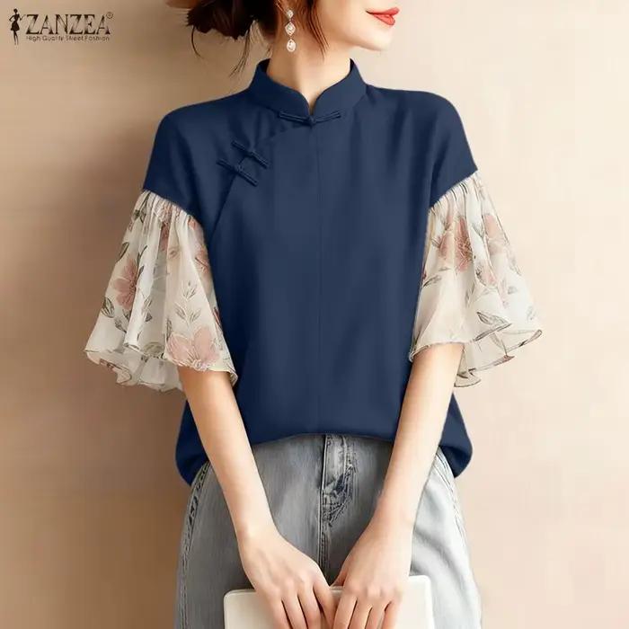 ZANZEA Vintage col Mandarin grenouille boutons Blouses femmes élégant manches en mousseline de soie florale Patchwork Blouse été femme hauts