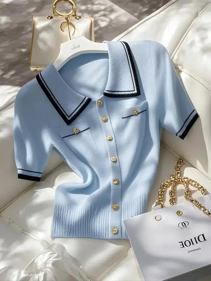 Boucle coréenne simple boutonnage revers Blouse couleur contraste bleu tricot pull T-shirts décontracté coupe ajustée élastique élégant bureau dame