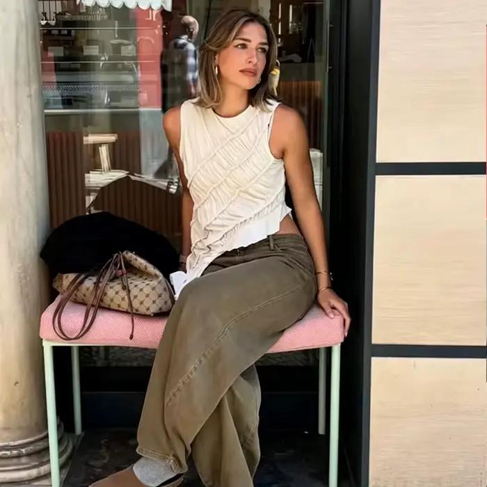 Nouvelle Blouse Gilet d'Été Femme 2026 Tendance Beige Élégante Asymétrique Hauts