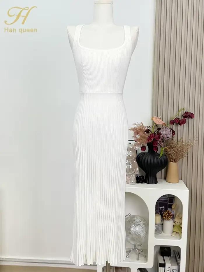 H Han Queen – robe blanche tricotée pour femmes