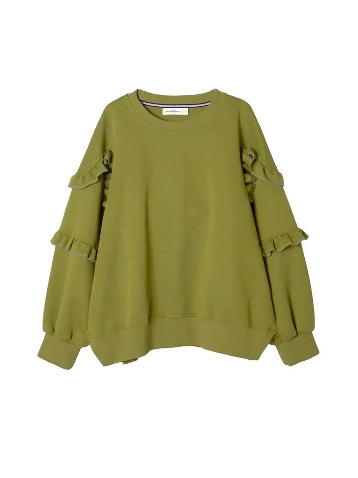 Sweat-shirt vert olive à manches volantées uniques accrocheur pour les vêtements décontractés de rue 255243