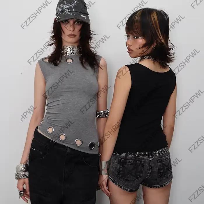 Cool Y2k Débardeur Punk Mode Harajuku Pore décoration Hiphop Gilet Décontracté Unique Haut Sans Manches Grunge Goth