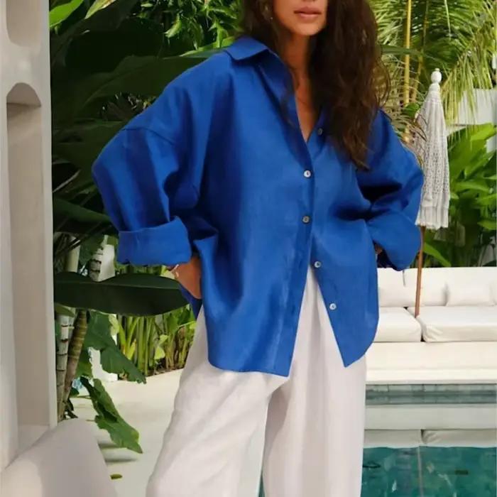 Ammug blanc chemise femme à manches longues élégant solide Blouse