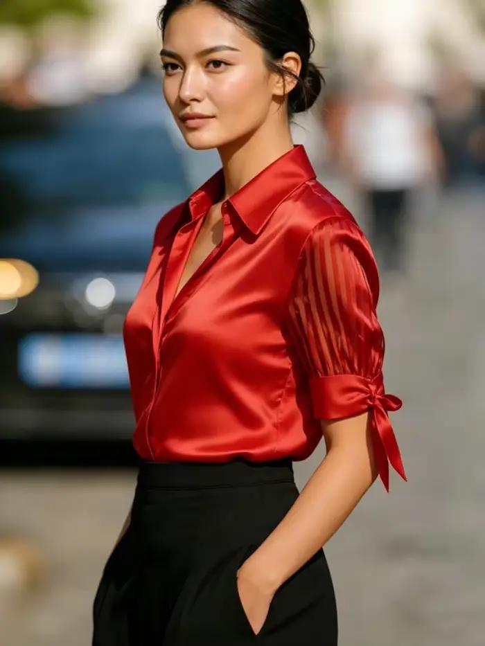 Chemisier en satin pour femme avec panneau transparent rayé et poignets à nœud papillon