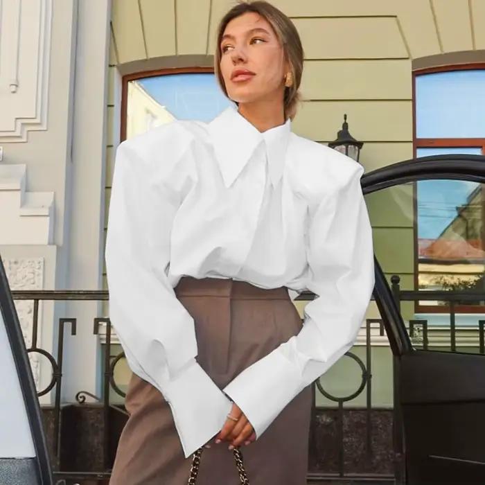 Chemisier à manches bouffantes pour femme, élégant, automne, style bureau, boutonnage simple, chic urbain, col rabattu, polyester et coton, occasion décontractée, pour femmes juniors