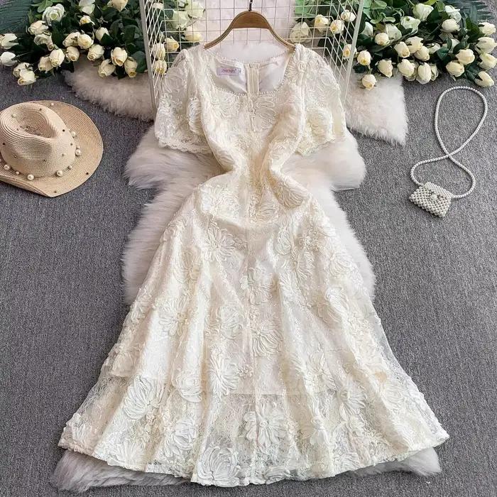 Luxe femmes été broderie dentelle perles col carré à manches courtes mode élégant décontracté fête vacances robes
