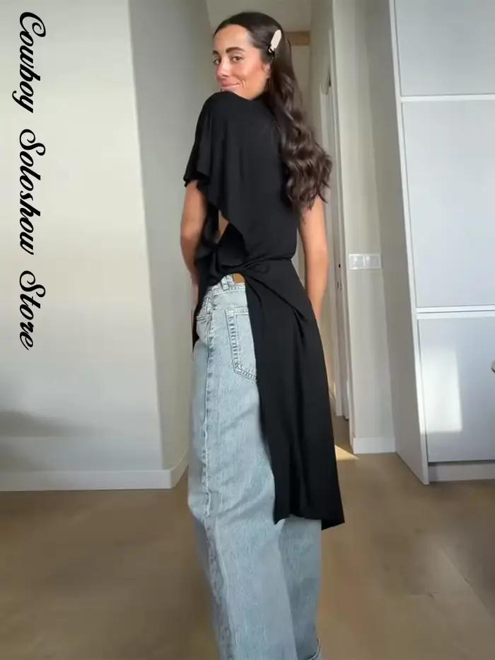 Haut asymétrique noir unique pour femme